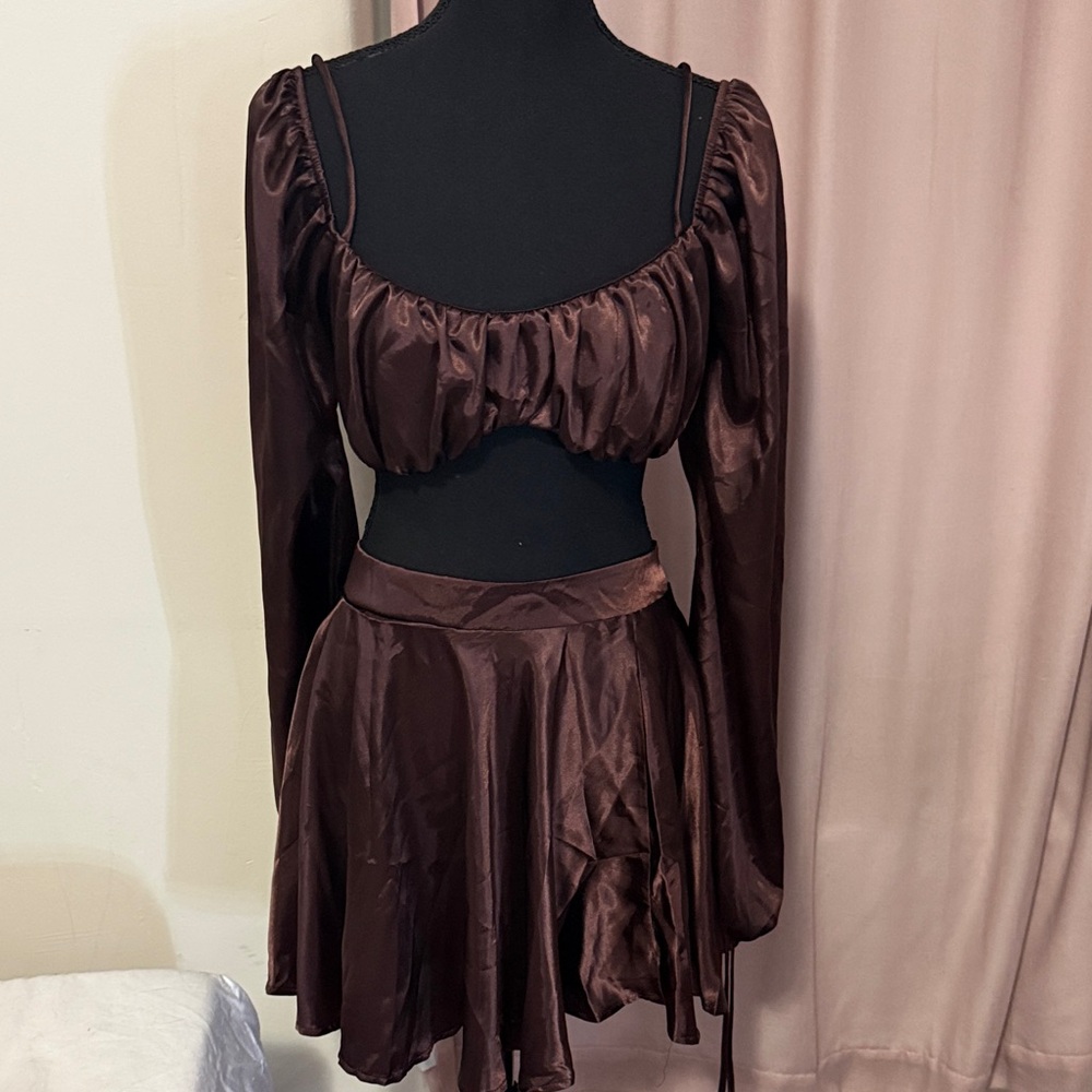 Fashion Nova Satin Chocolate Brown Two-Piece Skirt Set